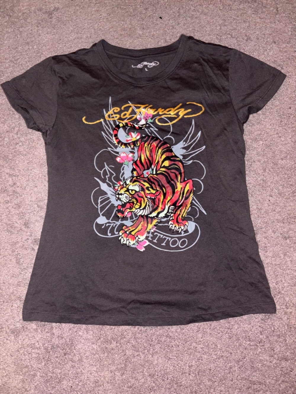 Ed Hardy Black Tee with Multicolor Striped Tiger Graphic